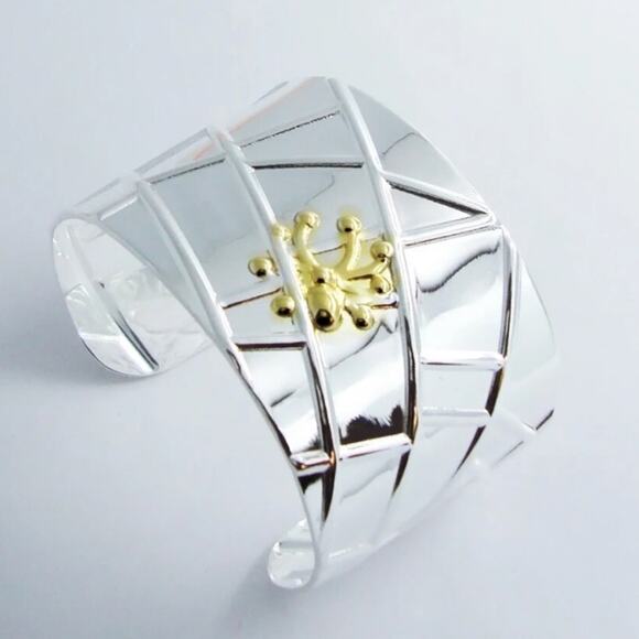 Sterling Silver Wide Bangle Gold Spider Two Tone Bangle Luxury Bracelet - Picture 9 of 12